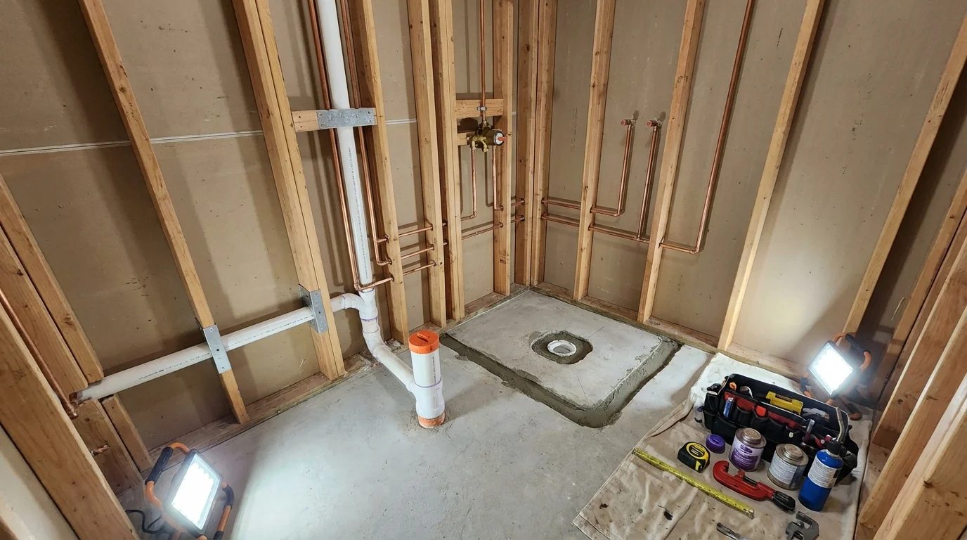 Bathroom rough-in plumbing during remodel by Johns Plumbing LLC in Bokeelia