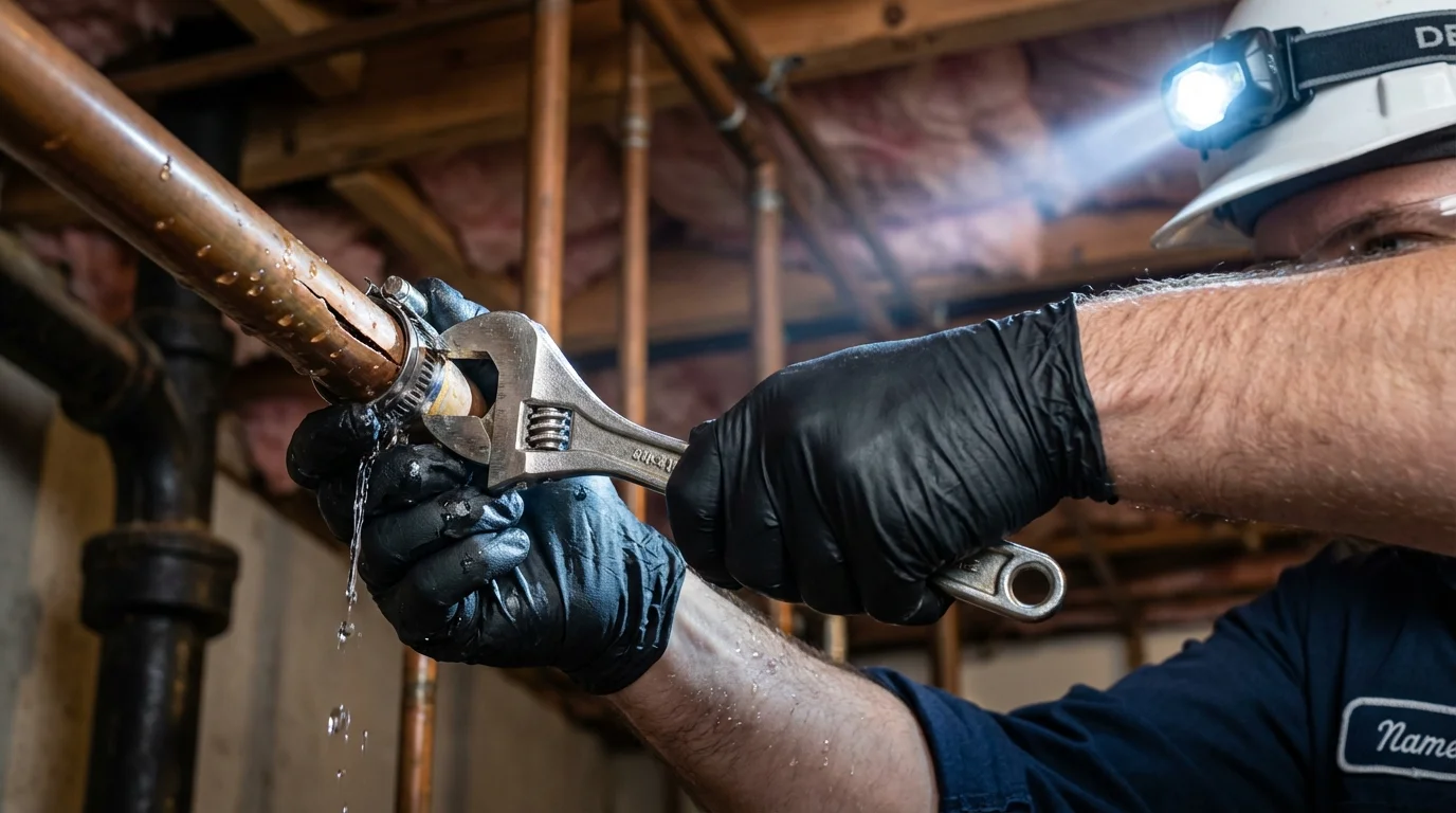 Emergency pipe clamp repair being performed by a Johns Plumbing LLC plumber in Bokeelia