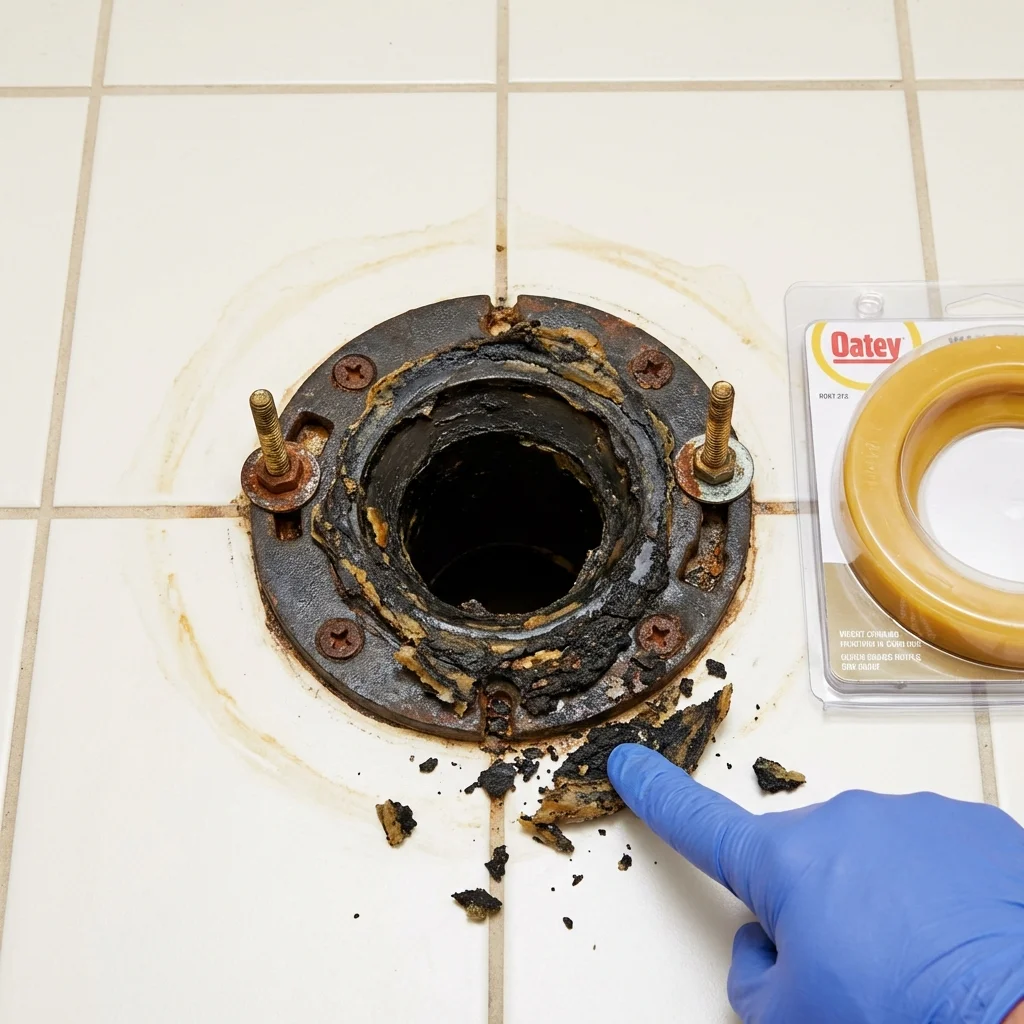 Failed wax ring showing water seepage at the base of a toilet in a Bokeelia, FL home
